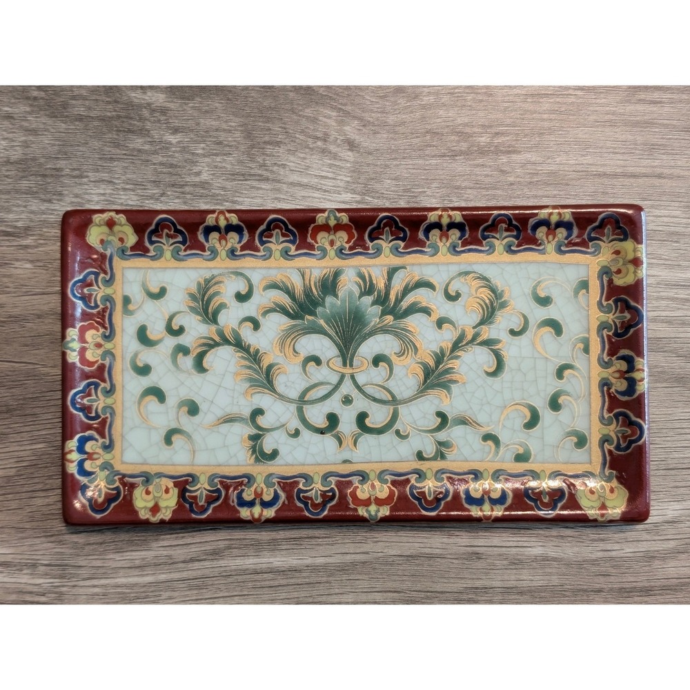Amita Japanese Satsuma Style Rectangular Porcelain Tray Crackle Glass Floral